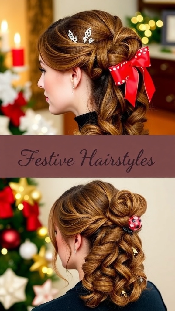 Collage of Christmas hairstyles for 3C hair: updo, defined curls, and half-up style with holiday accessories.